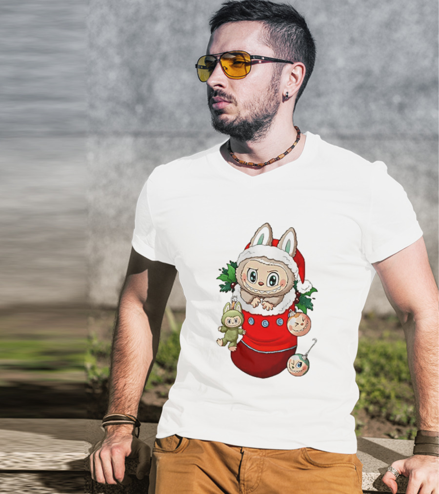 Stocking Stuffer Labubu Christmas Santa Hat Holly Ornaments T-Shirt