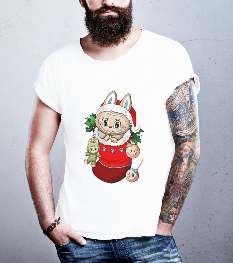 Stocking Stuffer Labubu Christmas Santa Hat Holly Ornaments T-Shirt