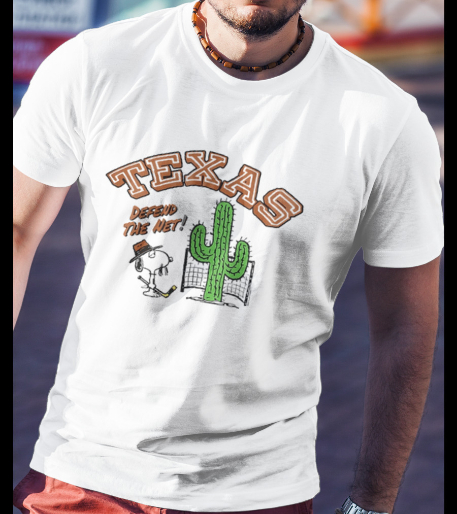 Texas Peanuts Snoopy Defend The Net Hockey Cactus T-Shirt