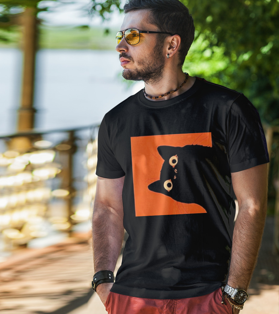 Orange Black Cat Peeking T-Shirt