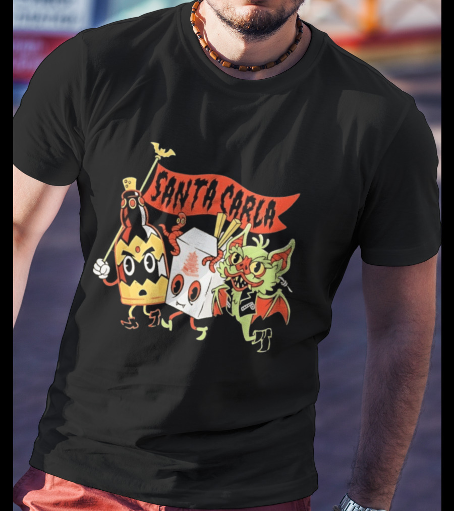 Santa Carla Cartoon Vampire Characters And Food Box With Flag T-Shirt