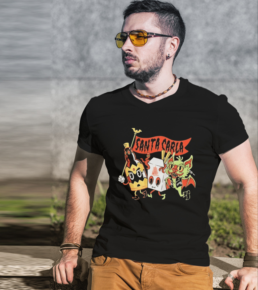 Santa Carla Cartoon Vampire Characters And Food Box With Flag T-Shirt