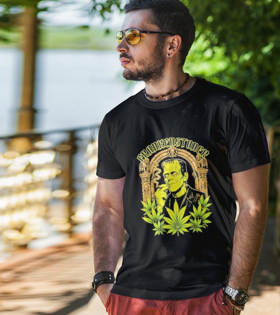 Frankenstoner Frankenstein Marijuana Smoking Arch Skulls T-Shirt