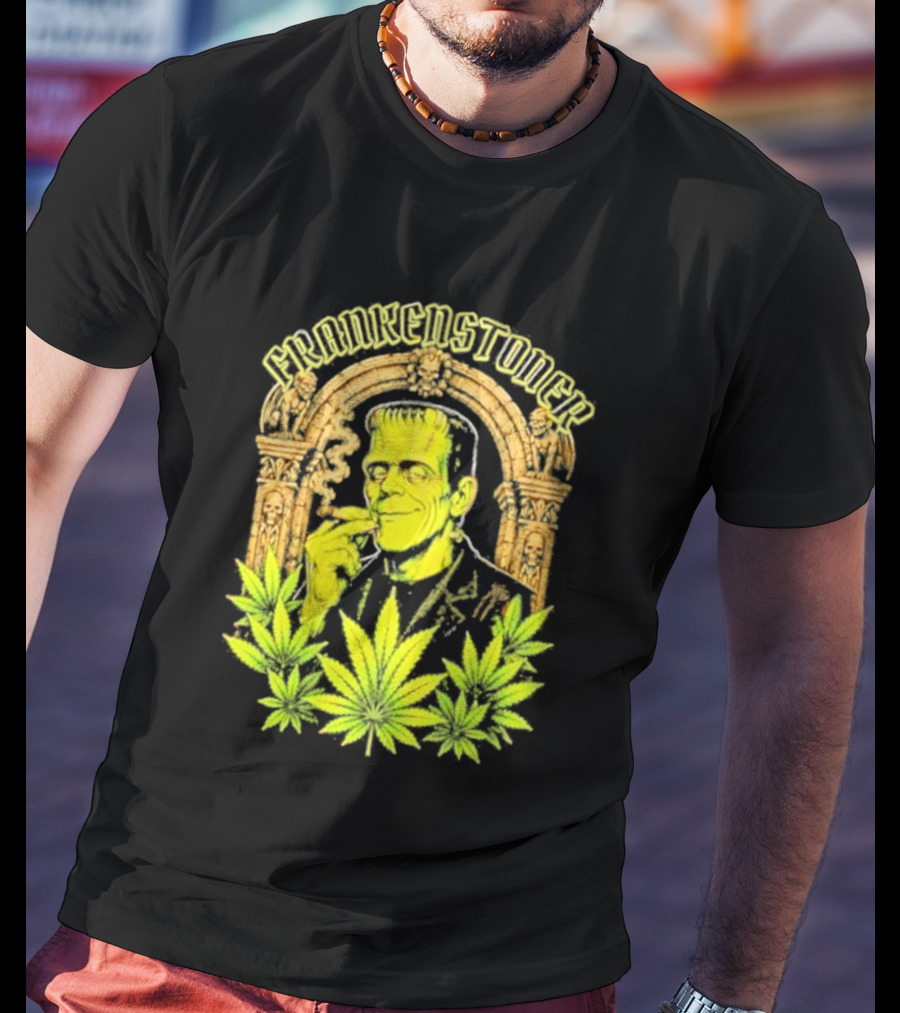 Frankenstoner Frankenstein Marijuana Smoking Arch Skulls T-Shirt