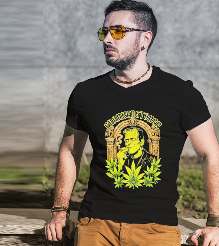Frankenstoner Frankenstein Marijuana Smoking Arch Skulls T-Shirt