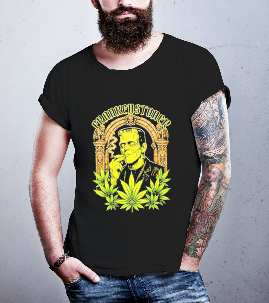 Frankenstoner Frankenstein Marijuana Smoking Arch Skulls T-Shirt