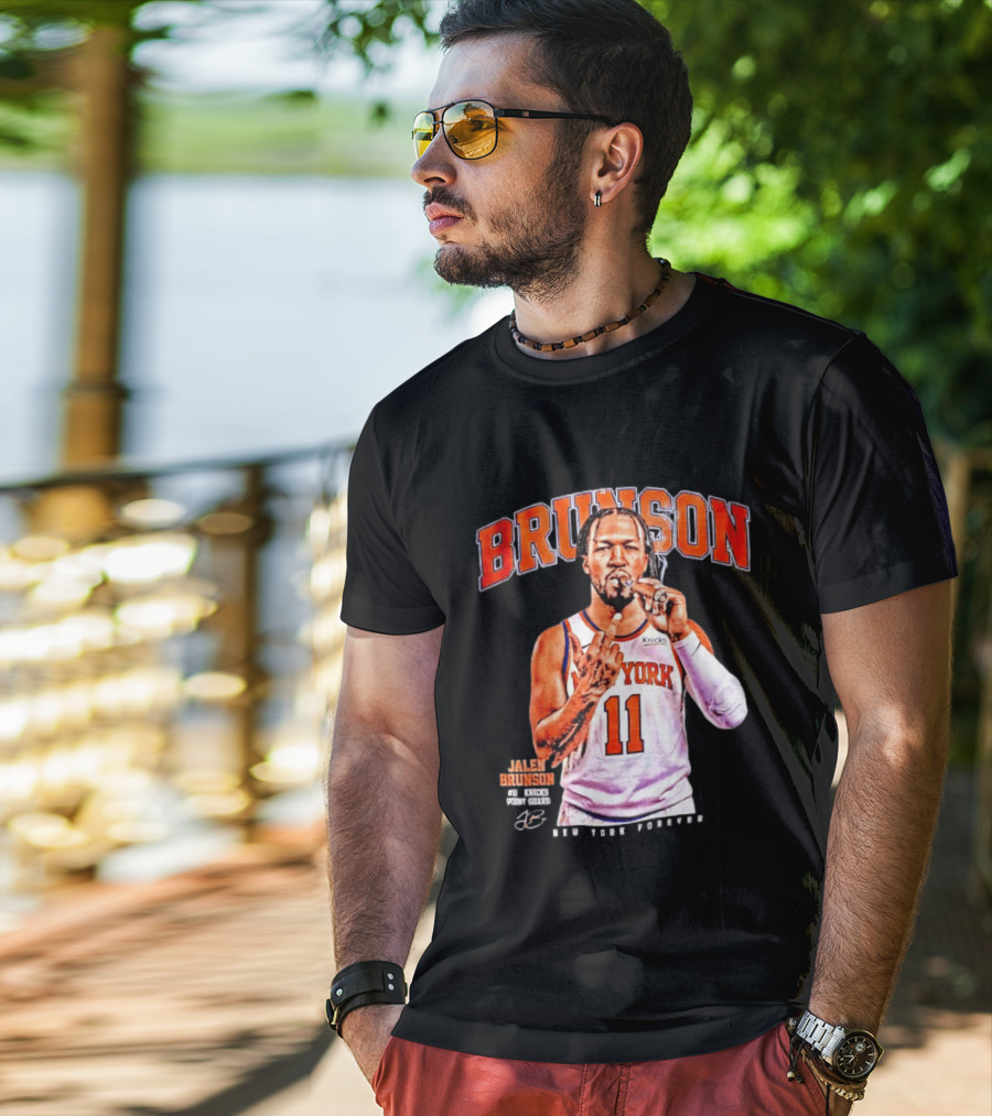 Jalen Brunson Middle Finger New York Knicks NBA Point Guard Brunson 11 Old Yolk Records Knicks T-Shirt