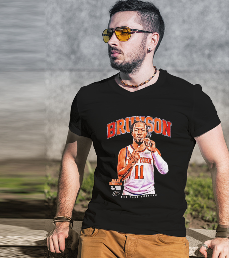 Jalen Brunson Middle Finger New York Knicks NBA Point Guard Brunson 11 Old Yolk Records Knicks T-Shirt