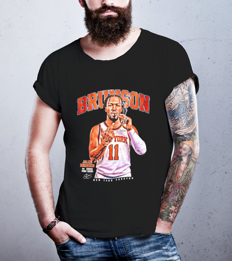 Jalen Brunson Middle Finger New York Knicks NBA Point Guard Brunson 11 Old Yolk Records Knicks T-Shirt