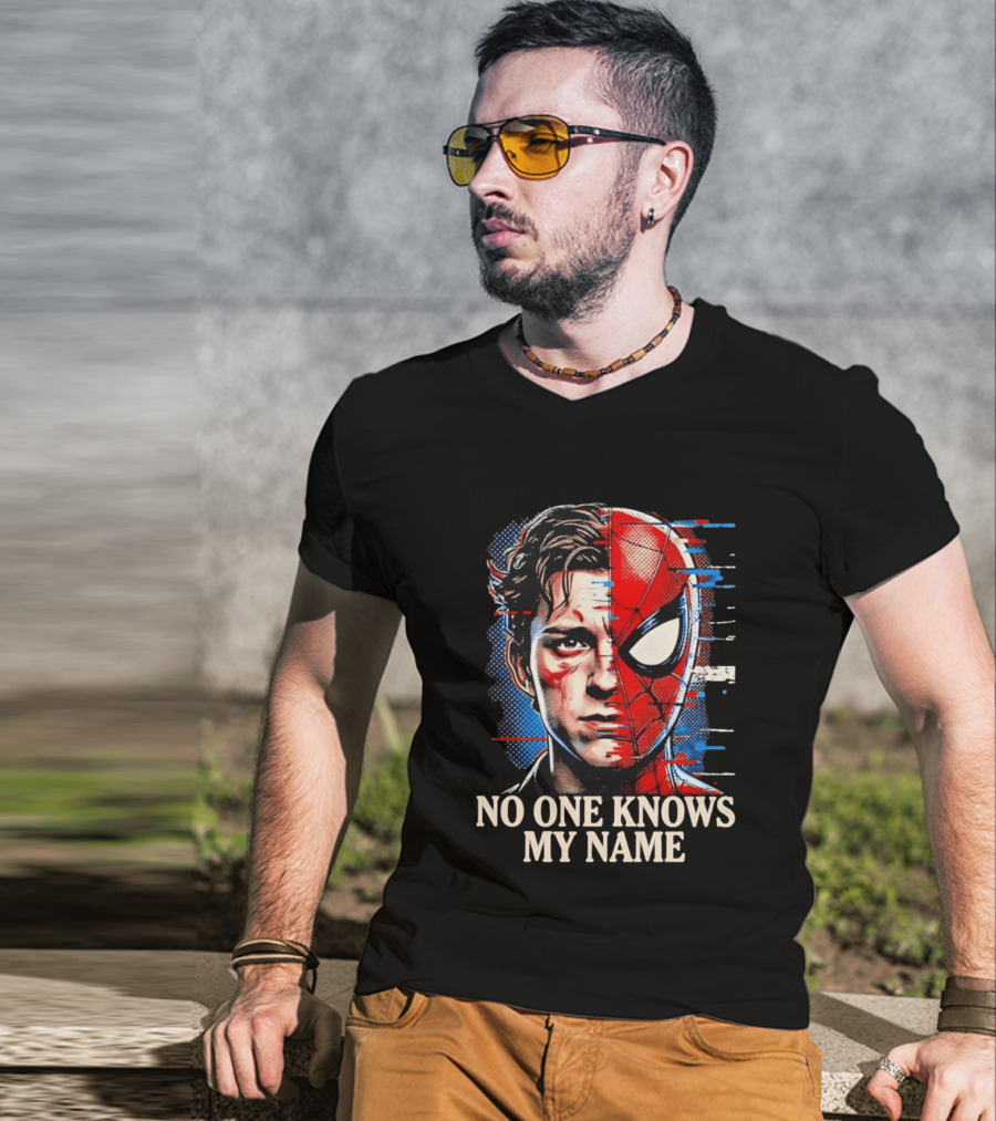 Tom Holland Spider Man No One Knows My Name Split Face Comic T-Shirt