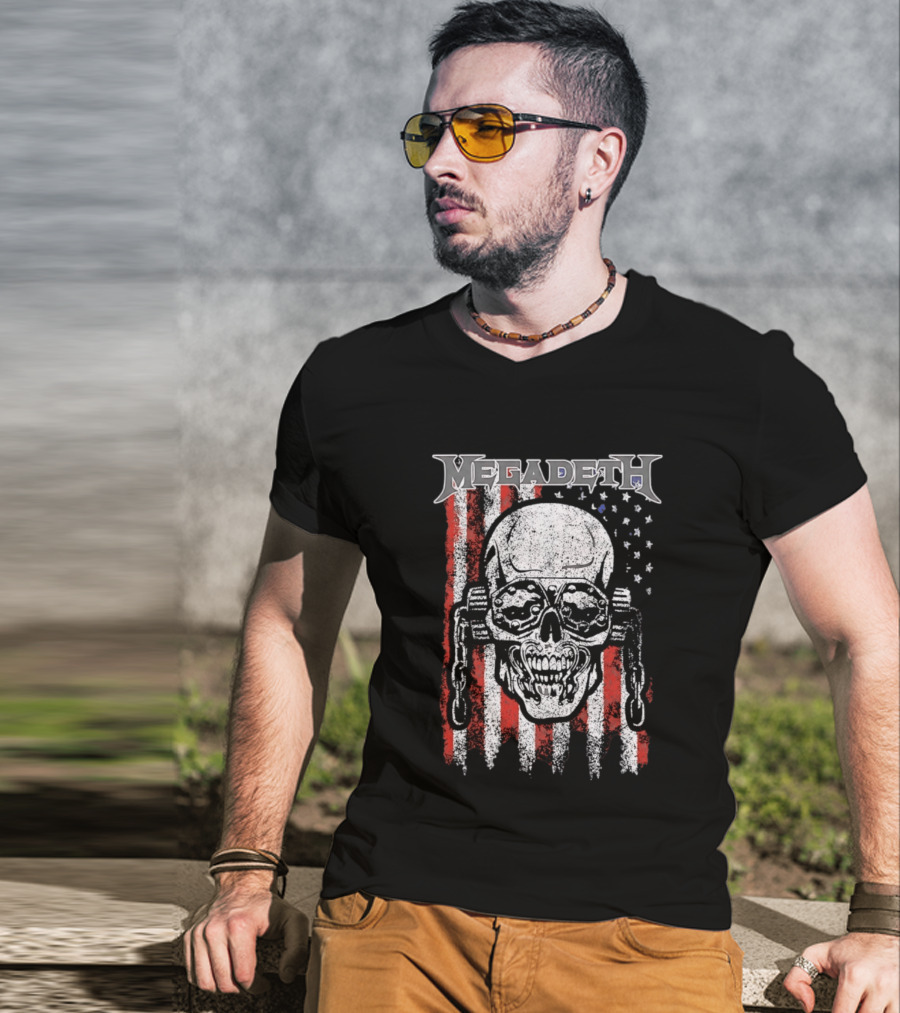 Megadeth American Flag Skull Distressed Chain T-Shirt