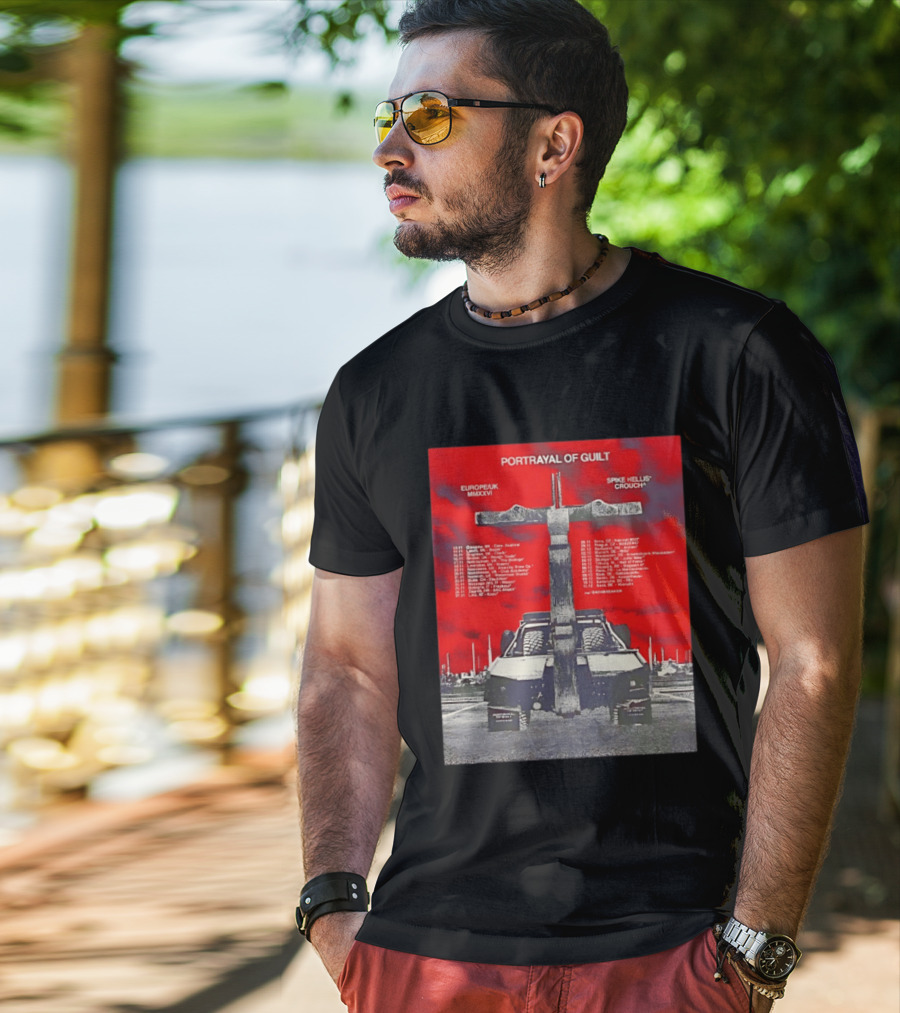 Portrayal Of Guilt Europe UK MMXXVI Spike Hellis Crouch Oathbreaker Tour Dates Tire Tracks Industrial Red T-Shirt