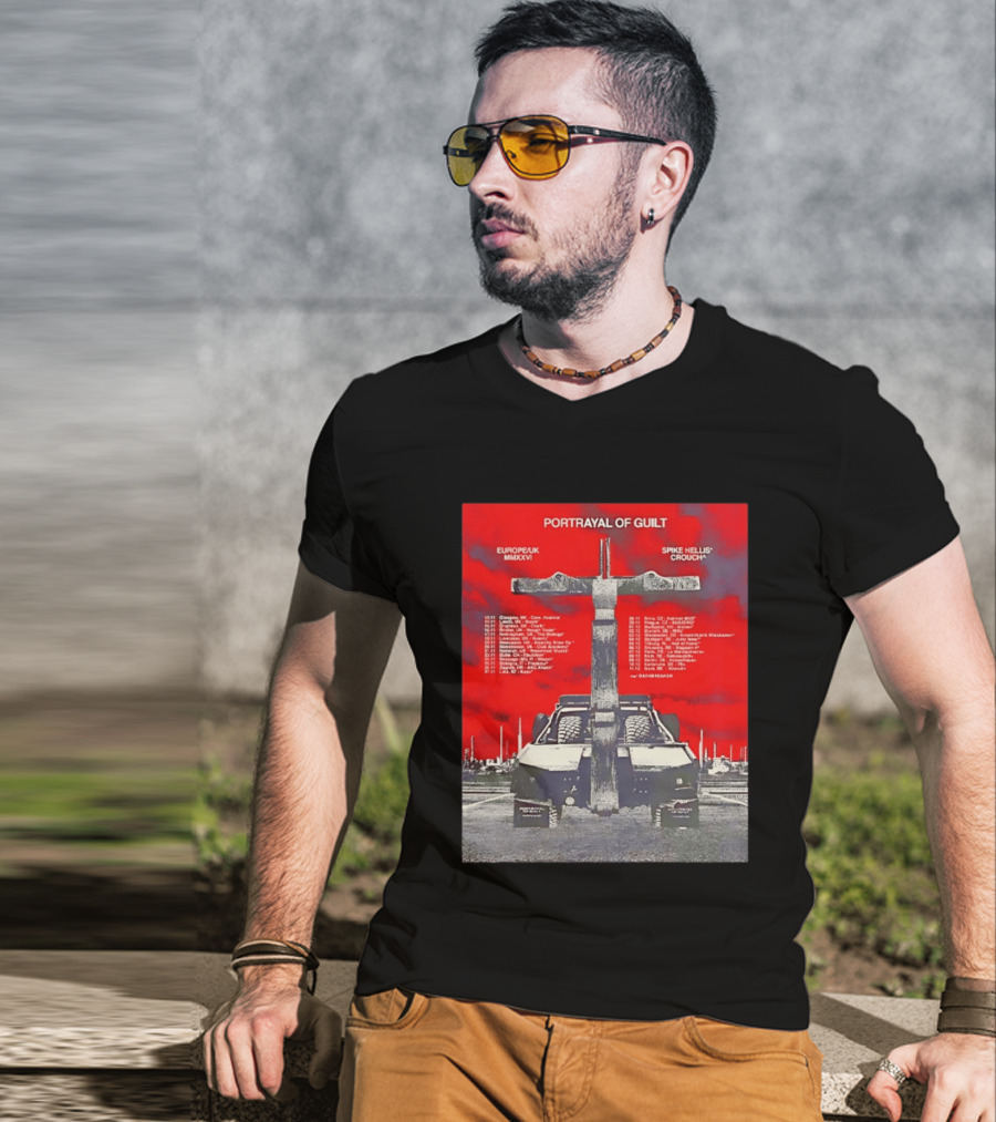 Portrayal Of Guilt Europe UK MMXXVI Spike Hellis Crouch Oathbreaker Tour Dates Tire Tracks Industrial Red T-Shirt