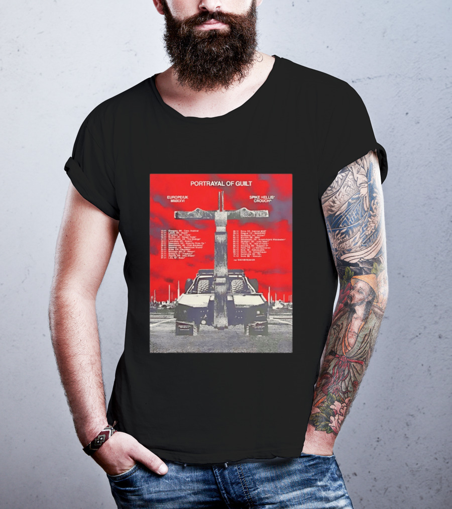 Portrayal Of Guilt Europe UK MMXXVI Spike Hellis Crouch Oathbreaker Tour Dates Tire Tracks Industrial Red T-Shirt