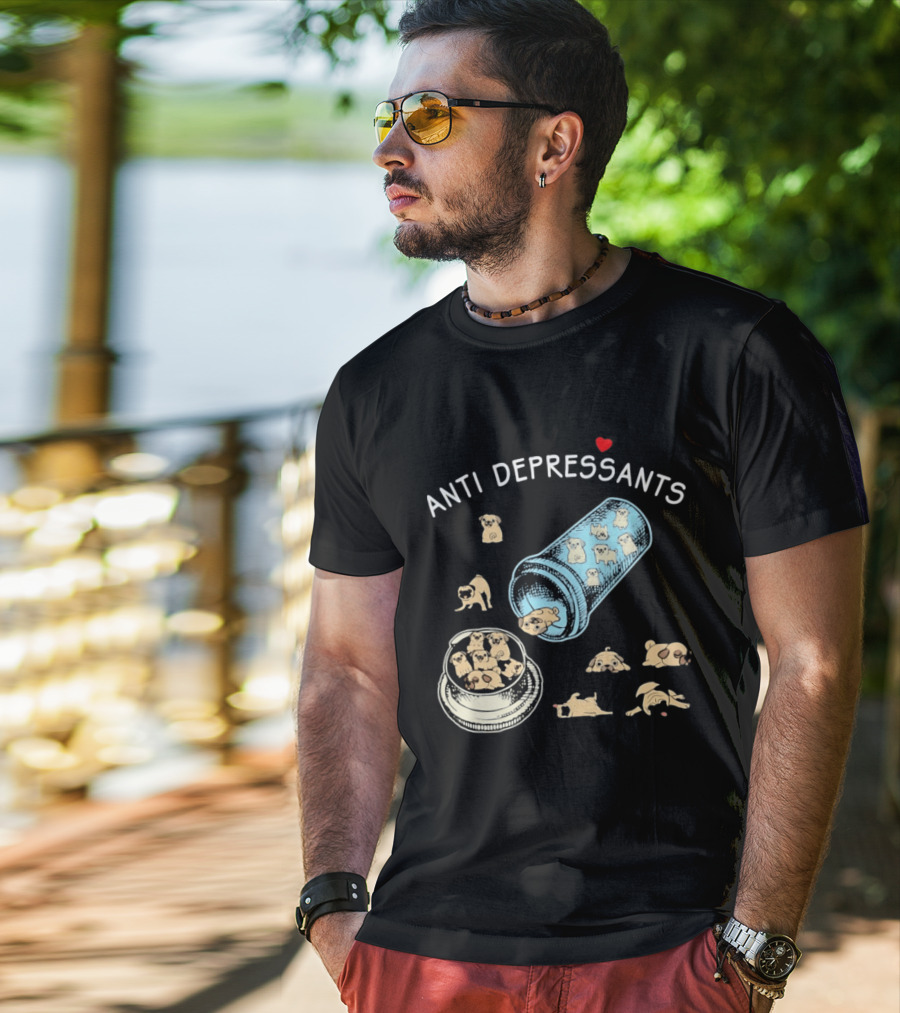 Anti Depressants Pug Puppies In Pill Bottle T-Shirt
