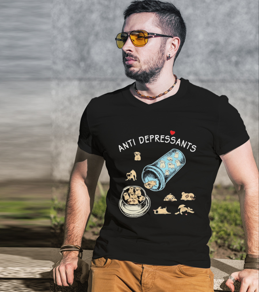 Anti Depressants Pug Puppies In Pill Bottle T-Shirt