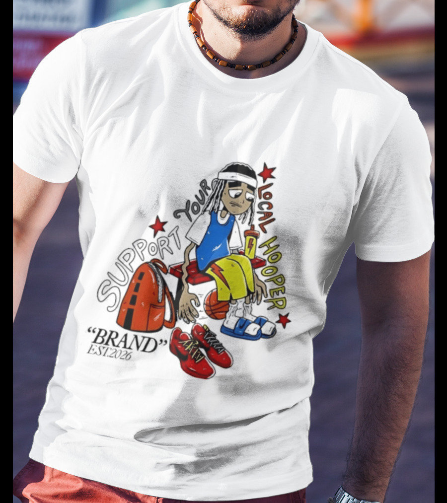Support Your Local Hooper Cartoon Basketball Player Backpack Red Shoes Brand Est 2026 T-Shirt