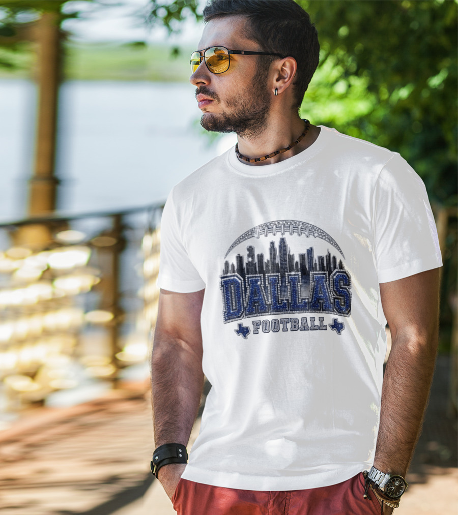 Dallas Football Skyline Rhinestone Texas Cityscape T-Shirt