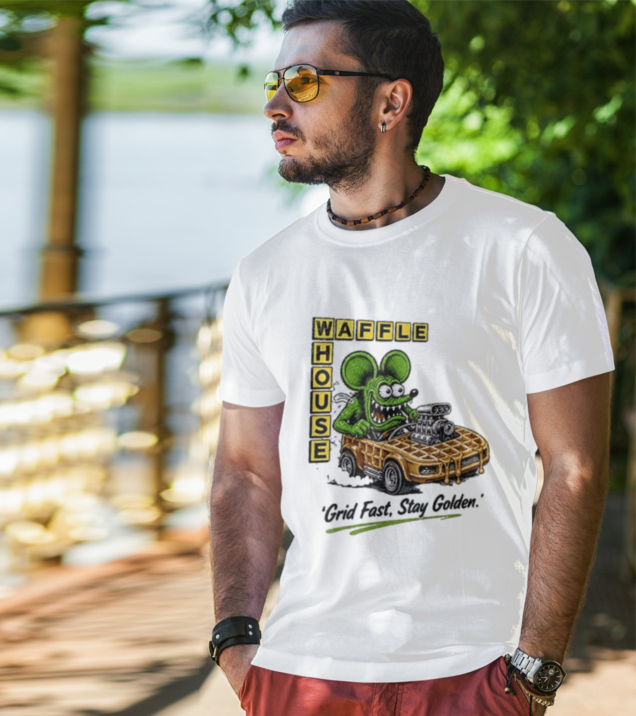 Rat Fink Waffle House Grid Fast Stay Golden Car Racer T-Shirt
