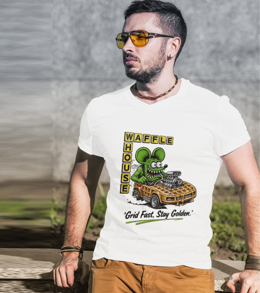 Rat Fink Waffle House Grid Fast Stay Golden Car Racer T-Shirt