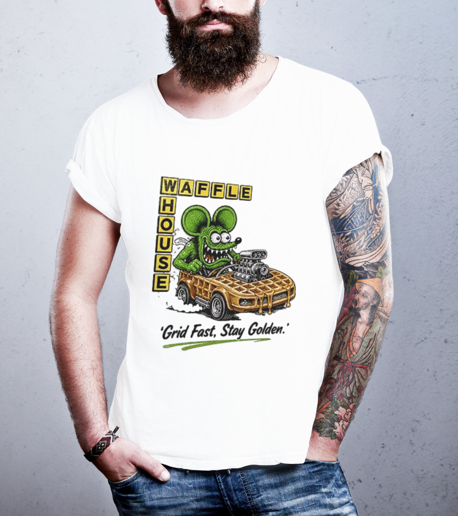 Rat Fink Waffle House Grid Fast Stay Golden Car Racer T-Shirt