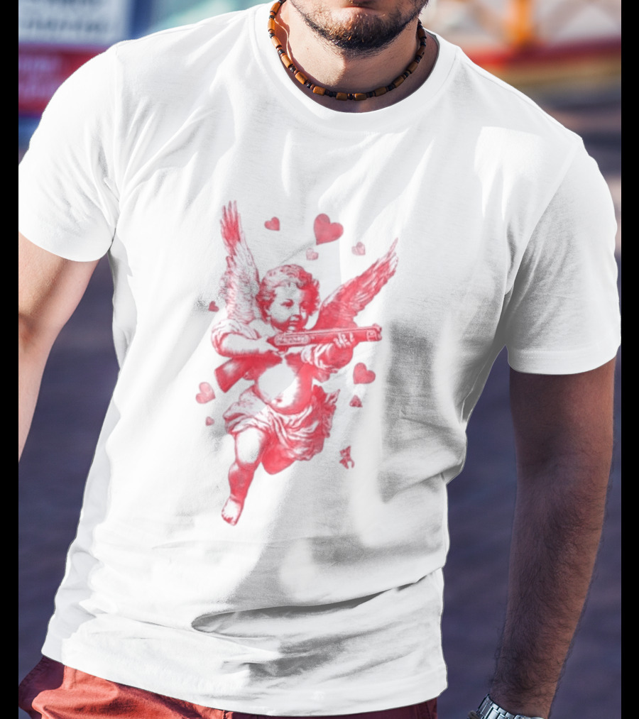 Red Pink Cherub Cupid Shotgun Hearts Clouds T-Shirt