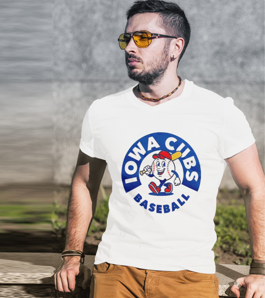 Iowa Cubs MLB Baseball Cartoon Walking Ball Bat Red Cap T-Shirt