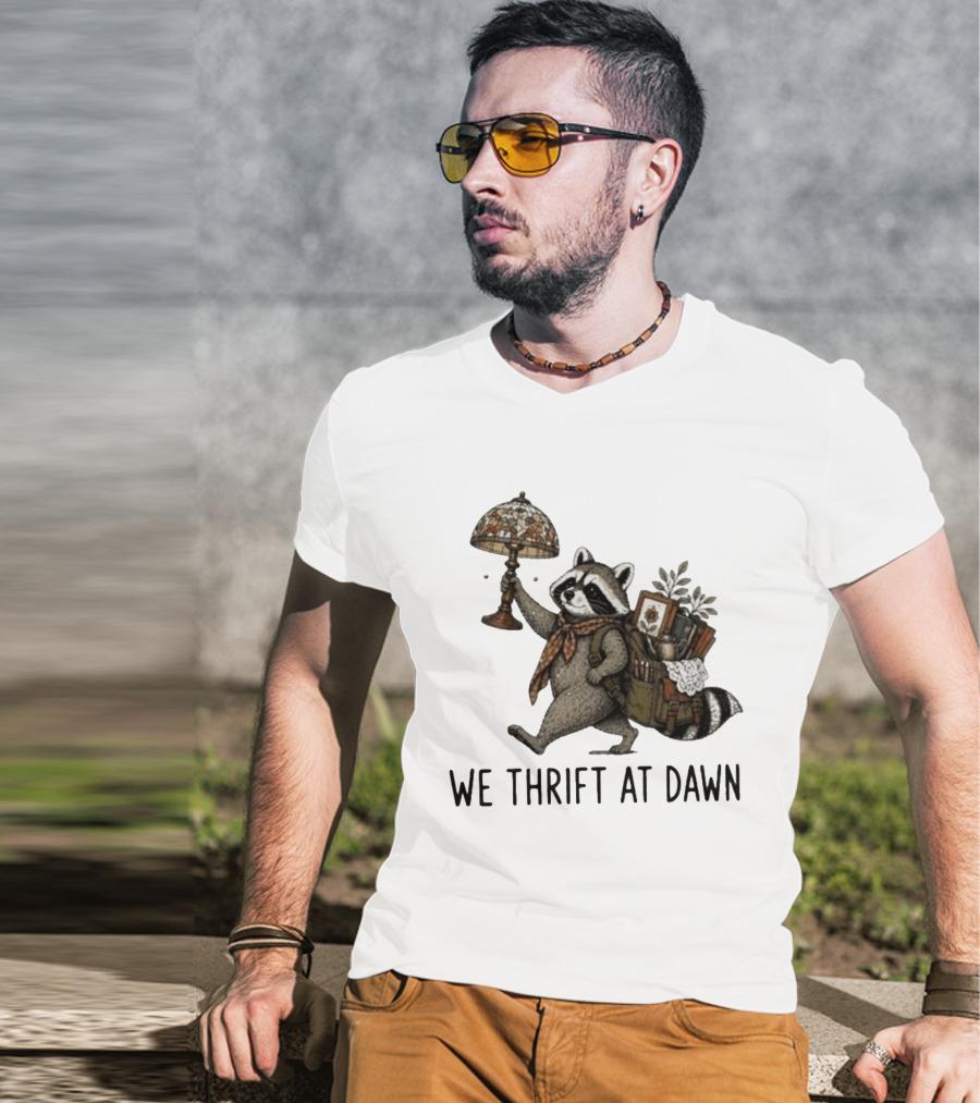 Raccoon With Backpack And Lamp We Thrift At Dawn T-Shirt