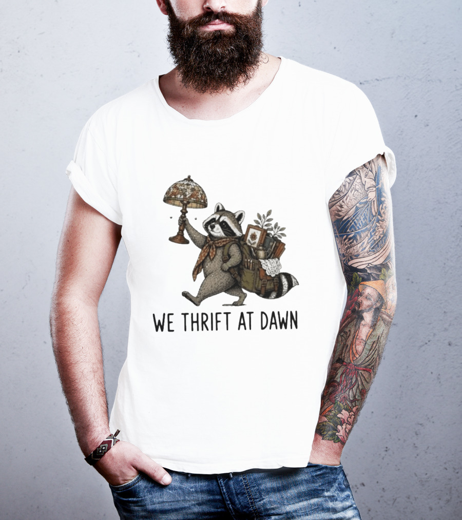 Raccoon With Backpack And Lamp We Thrift At Dawn T-Shirt