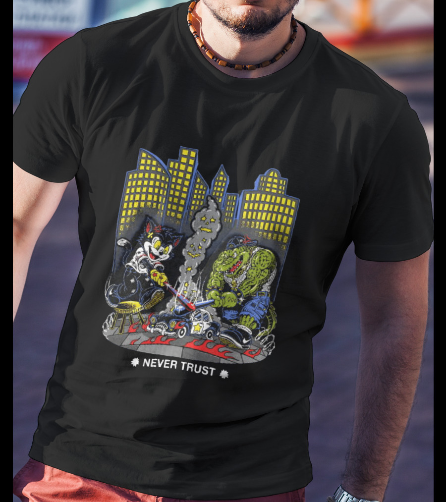 Cat And Crocodile In City Never Trust Police Car Cartoon Scene T-Shirt