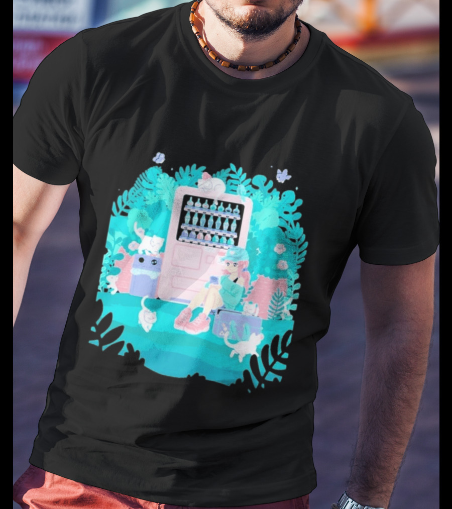 Cat Vending Machine Pastel Aesthetic With Sitting Girl And Cats T-Shirt