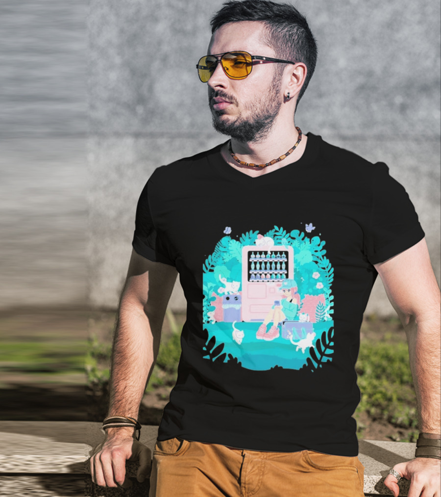 Cat Vending Machine Pastel Aesthetic With Sitting Girl And Cats T-Shirt
