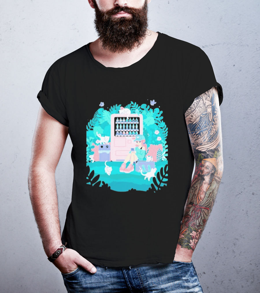 Cat Vending Machine Pastel Aesthetic With Sitting Girl And Cats T-Shirt