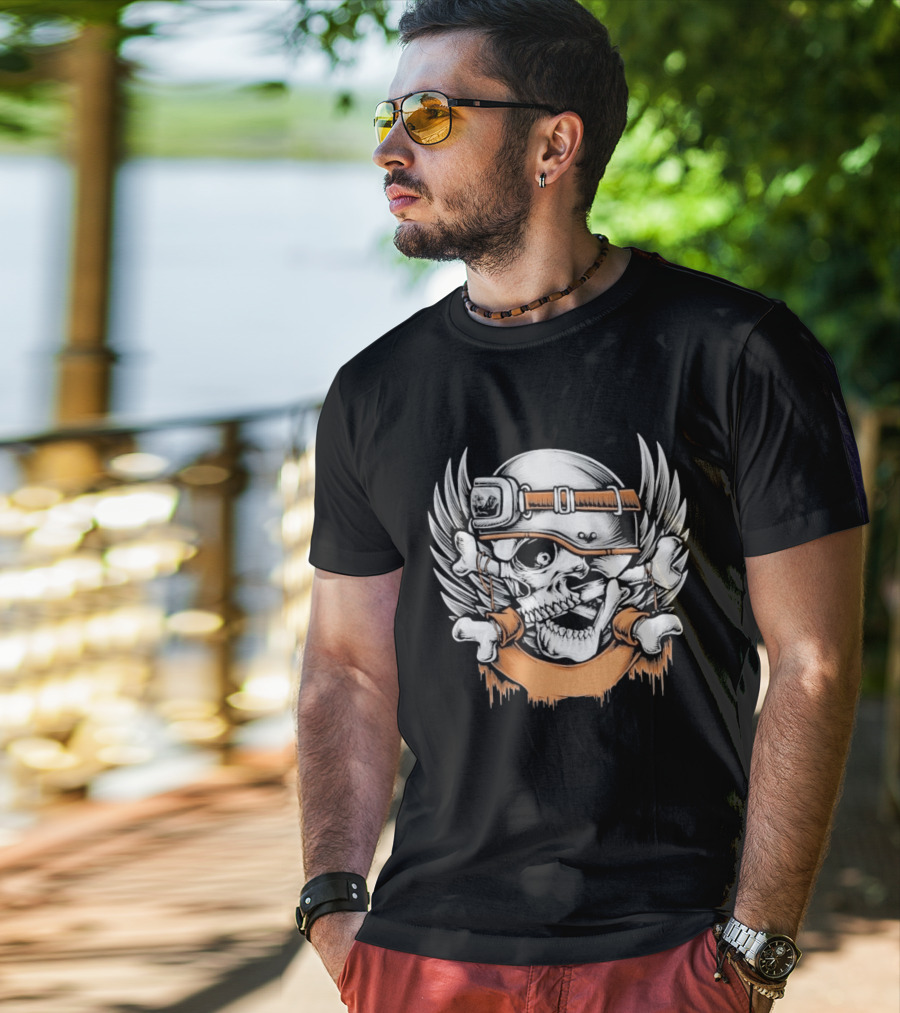 Skull With Helmet Winged Bones Biker Motif T-Shirt