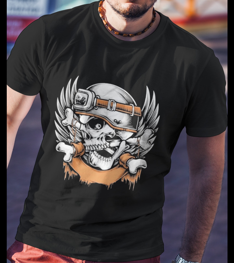 Skull With Helmet Winged Bones Biker Motif T-Shirt