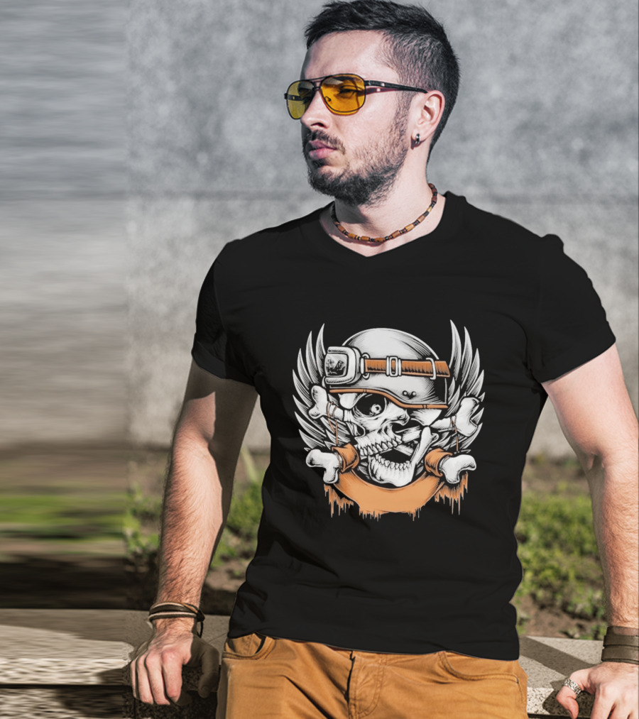 Skull With Helmet Winged Bones Biker Motif T-Shirt
