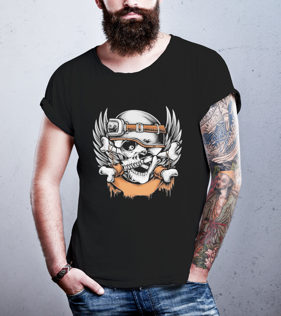 Skull With Helmet Winged Bones Biker Motif T-Shirt