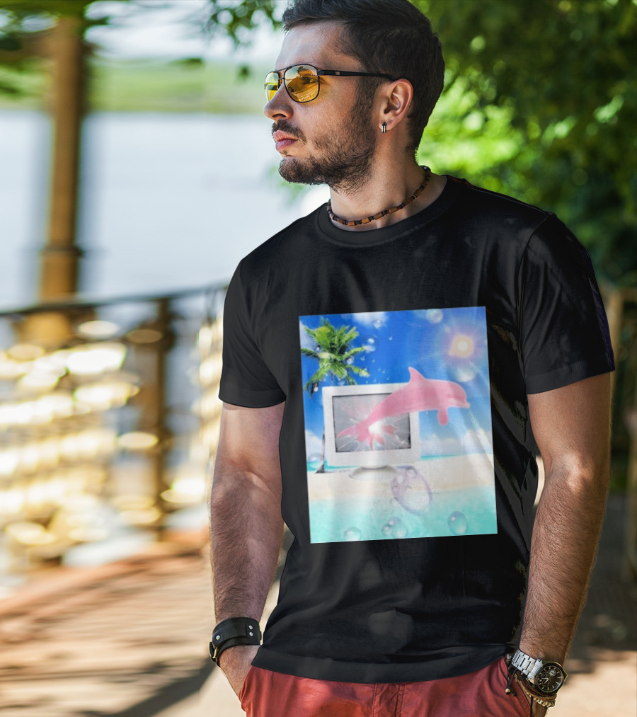 Frutiger Aero Y2k Vaporwave Palm Tree Pink Dolphin Cyberpunk Aesthetic T-Shirt