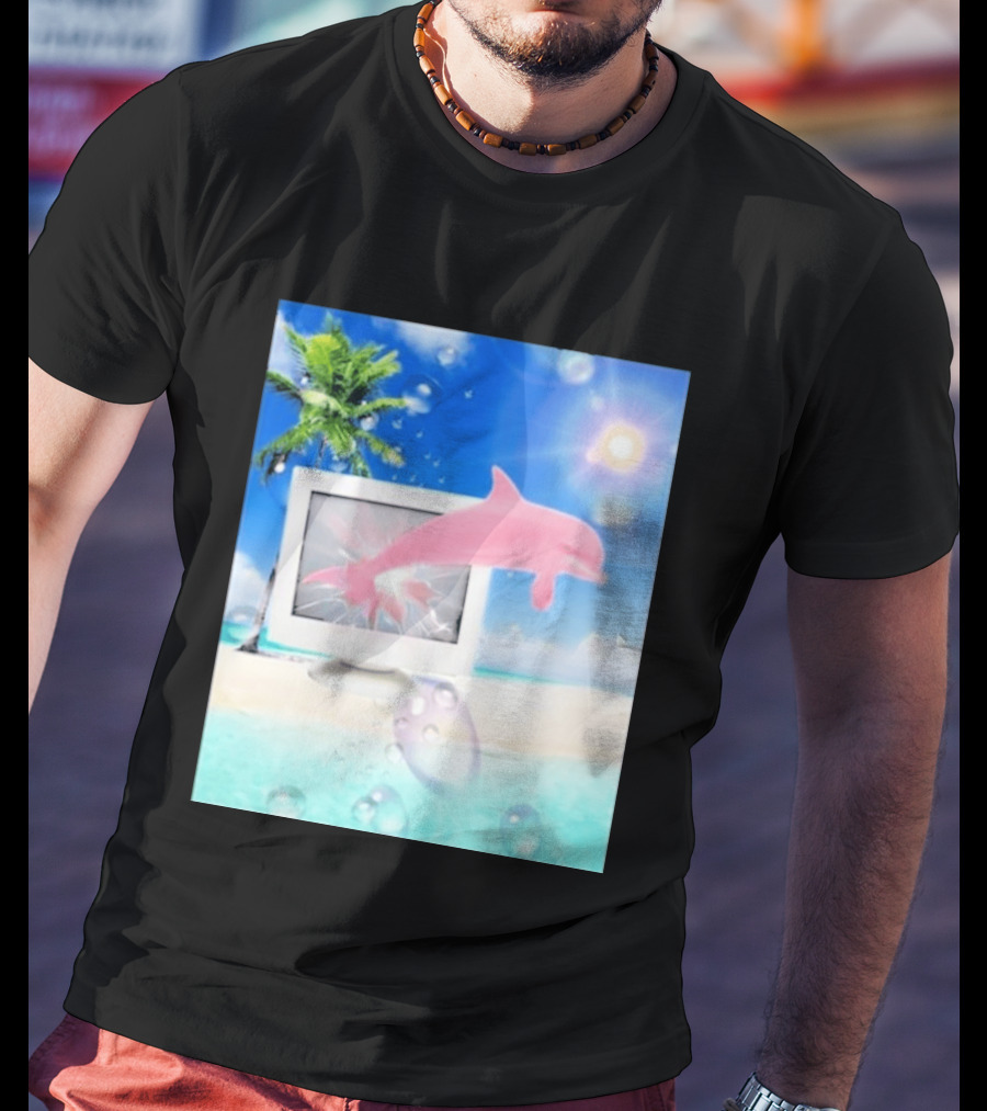 Frutiger Aero Y2k Vaporwave Palm Tree Pink Dolphin Cyberpunk Aesthetic T-Shirt