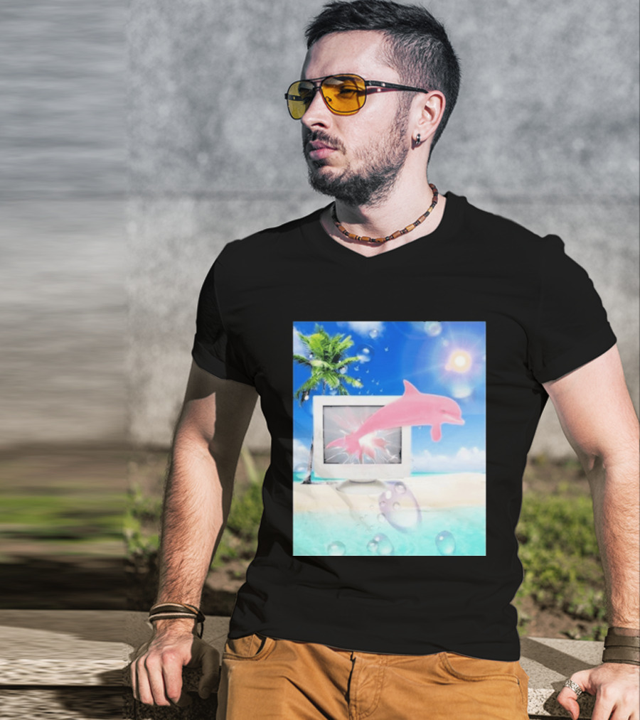 Frutiger Aero Y2k Vaporwave Palm Tree Pink Dolphin Cyberpunk Aesthetic T-Shirt