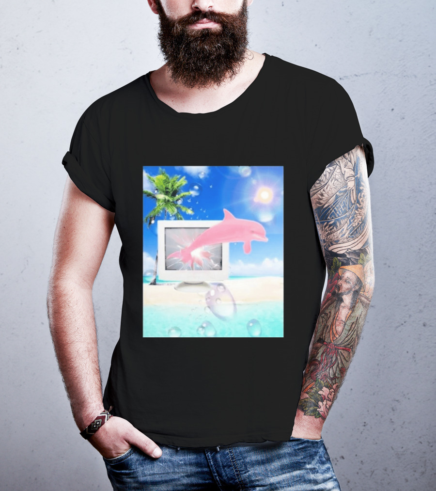 Frutiger Aero Y2k Vaporwave Palm Tree Pink Dolphin Cyberpunk Aesthetic T-Shirt