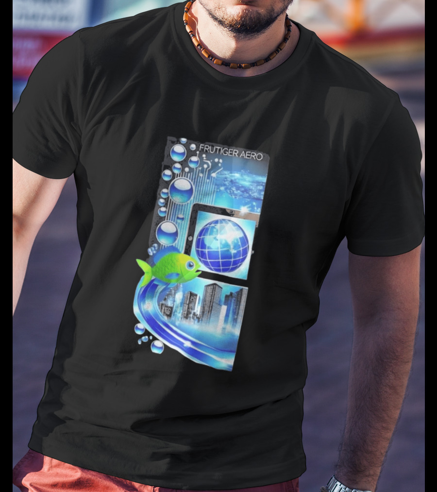 Frutiger Aero Y2K Global Tech Cityscape With Digital Fish And Blue T-Shirt