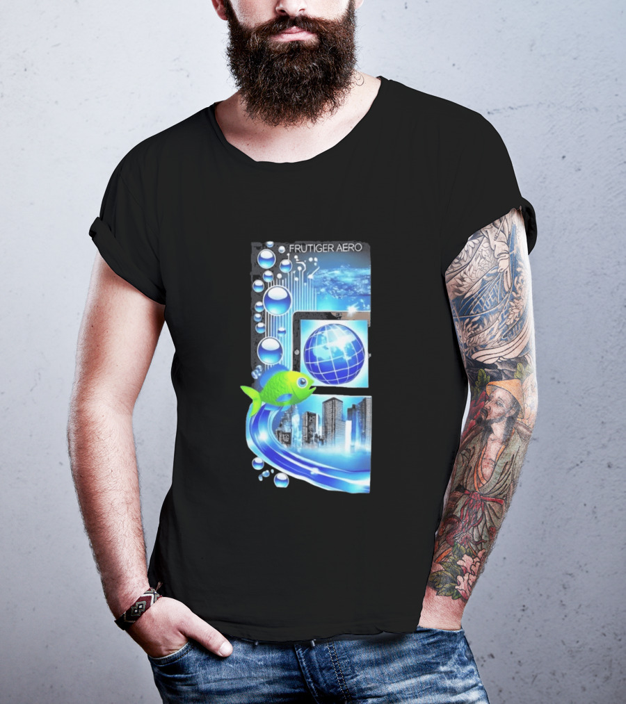 Frutiger Aero Y2K Global Tech Cityscape With Digital Fish And Blue T-Shirt