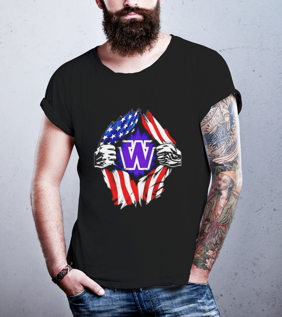 Washington Huskies W Logo American Flag Ripped Chest T-Shirt