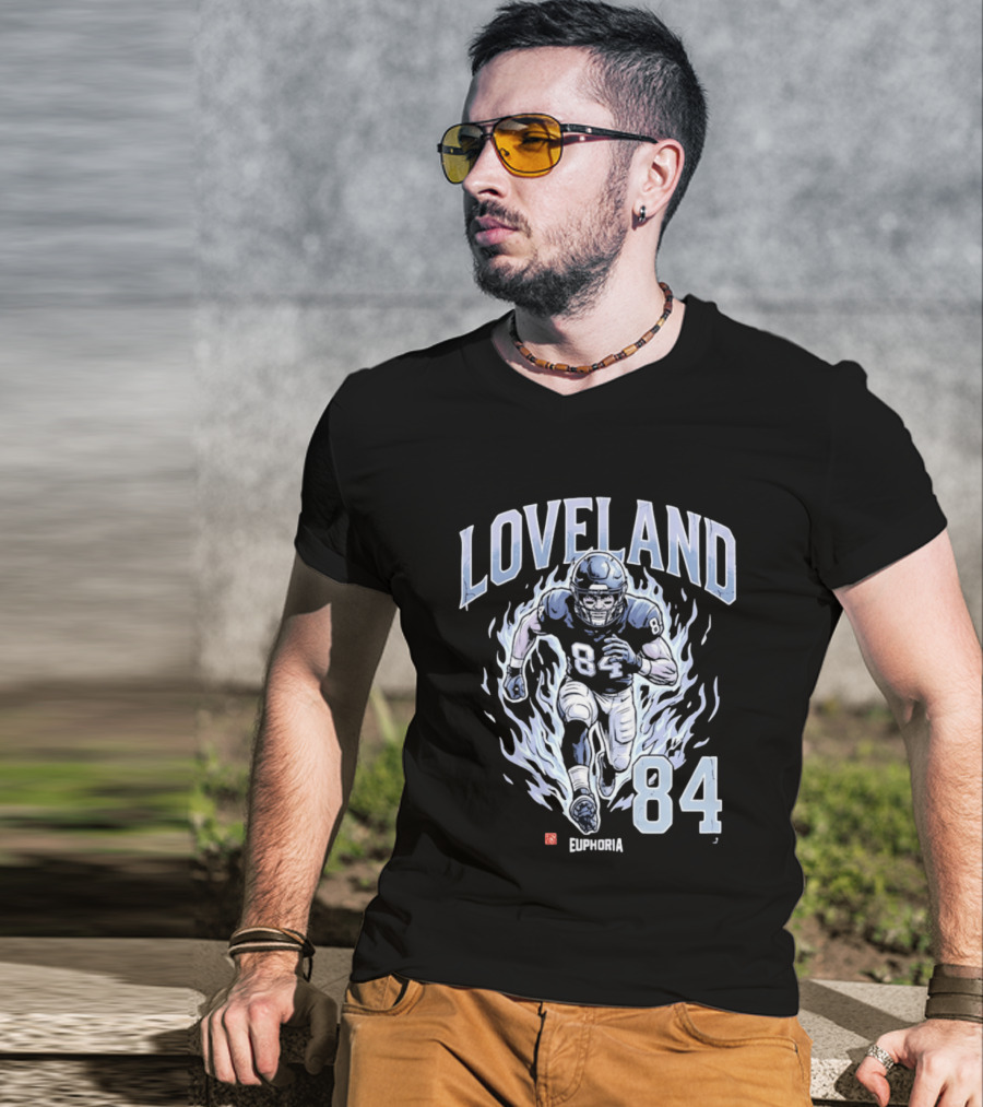 Loveland 84 Euphoria Football Player Blue Flames Athletic T-Shirt
