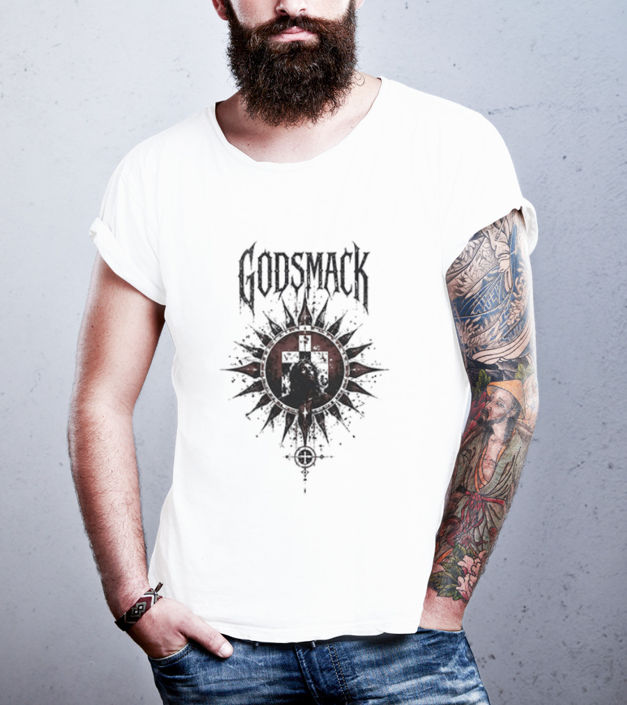 Godsmack X Jesus I Stand Before God Not Perfect Just Forgiven Christian Rock Cross Sun T-Shirt