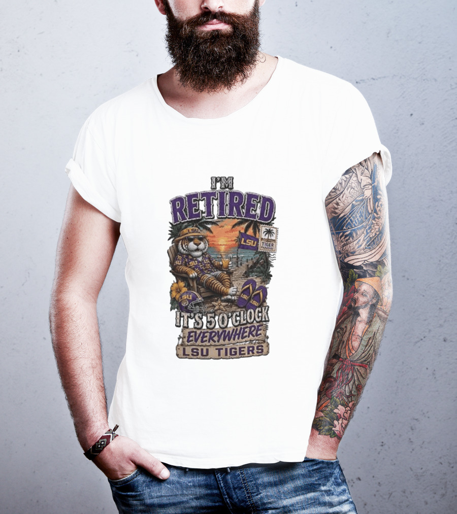 LSU Tigers I'm Retired It's 5 O' Everywhere Beach Relaxation With Palm Trees And Sunset T-Shirt