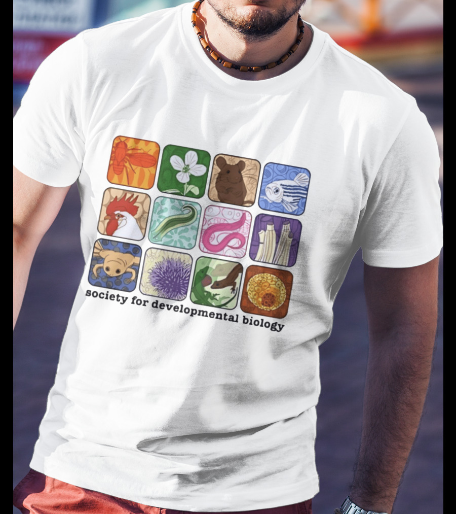 Society For Developmental Biology Model Organisms Collage Fly Plant Mouse Fish Chicken Worm Frog Plant Embryo Egg Cell T-Shirt