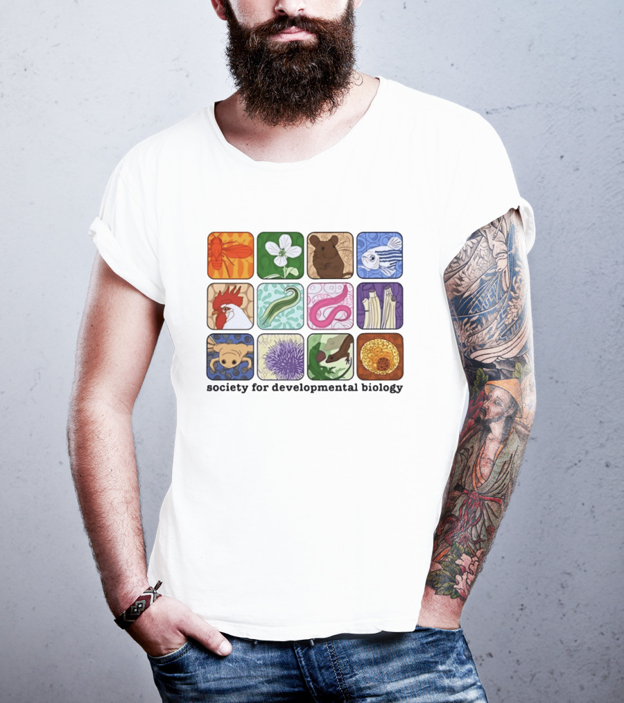 Society For Developmental Biology Model Organisms Collage Fly Plant Mouse Fish Chicken Worm Frog Plant Embryo Egg Cell T-Shirt