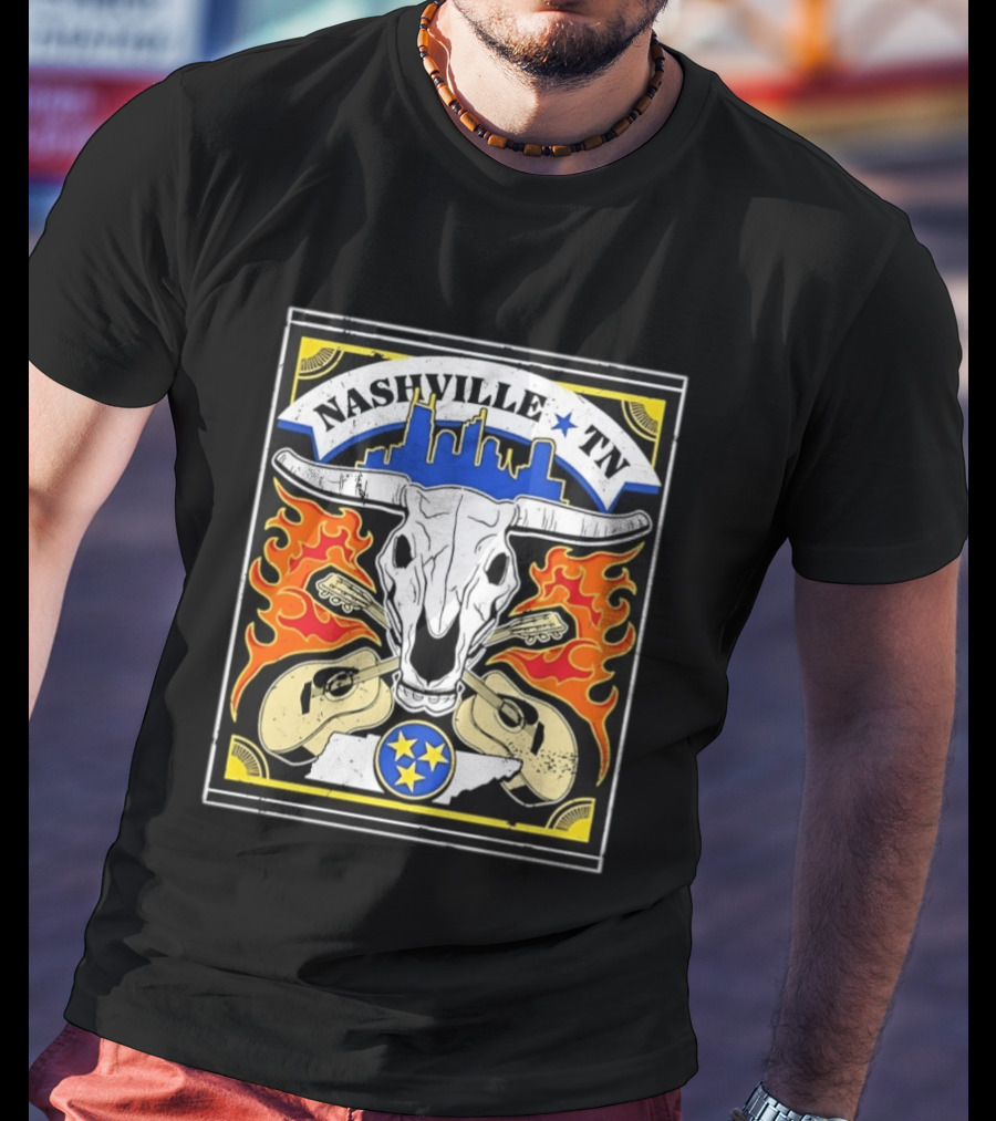 Nashville TN Cow Skull Guitars Flames Skyline Blue Star T-Shirt